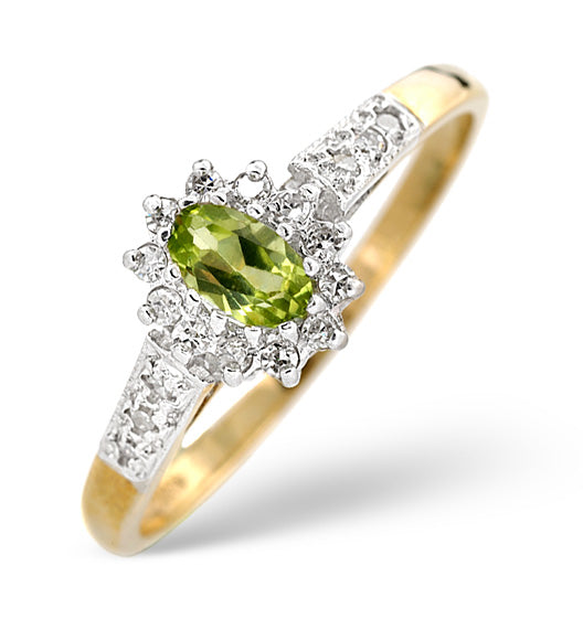 Peridot 5 x 3mm And Diamond 9K Yellow Gold Ring A4213